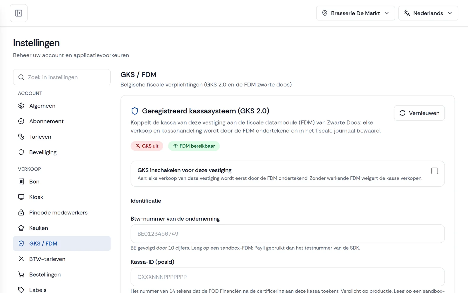 GKS-instellingen in het Payli-dashboard