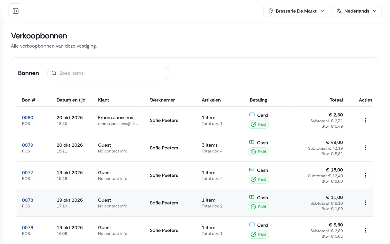 Kasbonnen van de kassa in het Payli-dashboard