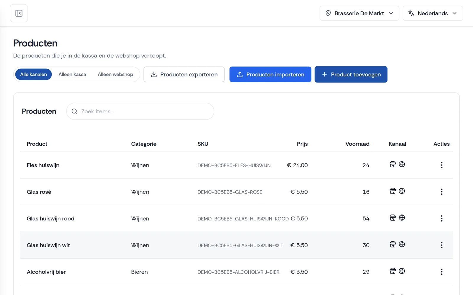 Producten in het Payli-dashboard