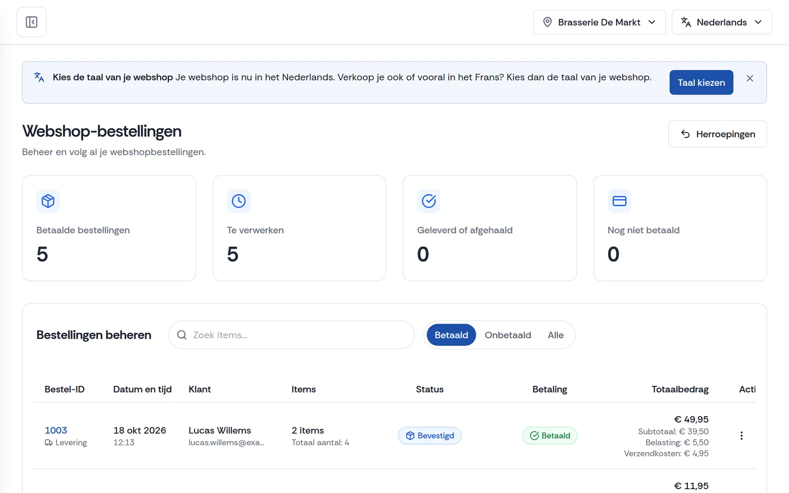 Webshopbestellingen in het Payli-dashboard